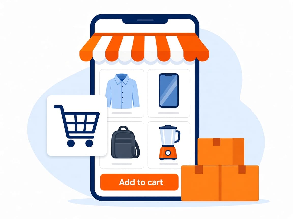 Online shop on a phone — browse products and add to cart, with parcels ready to ship